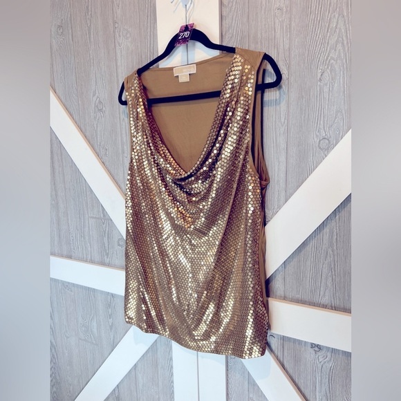 270. MICHAEL Michael Kors Gold Sequined Top Draped Neck 2x - Picture 1 of 3